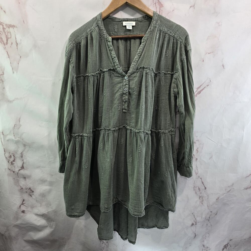 Sundance Shirt Women Small P Green Tiered Embroidered Peasant Boho Notch Popover